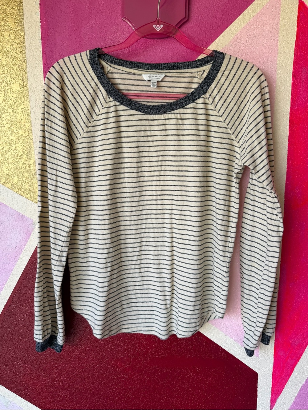 Lucky Brand Striped Long Sleeve Contrast Trim Top Sz M